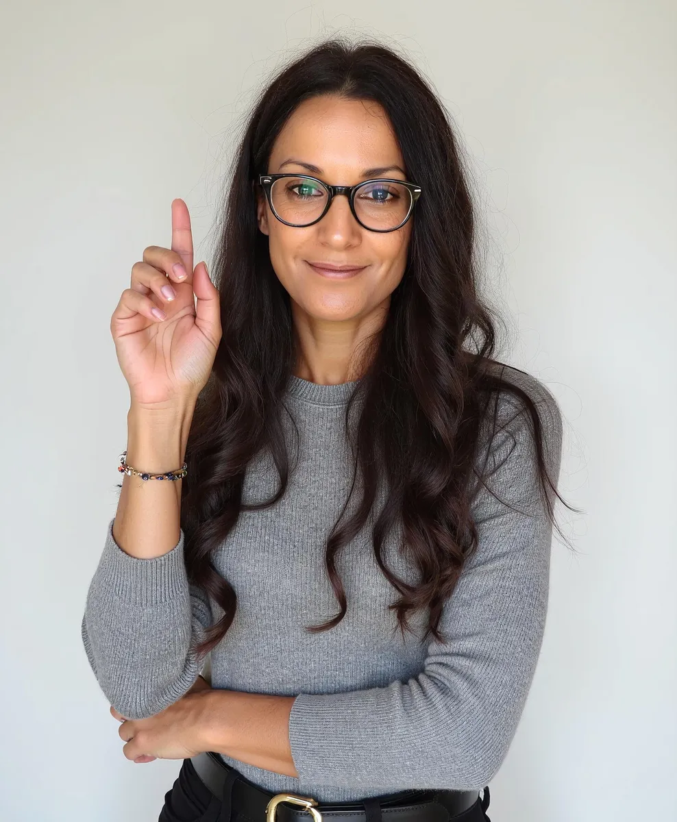 Maria Alberola, coach en développement professionnel, souriante et inspirée, lève le doigt pour illustrer une idée ou une prise de conscience.